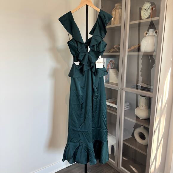 Show Me Your Mumu Zoey Midi Dress NEW Deep Emerald Green Satin Ruffle Trim Small - Picture 2 of 7